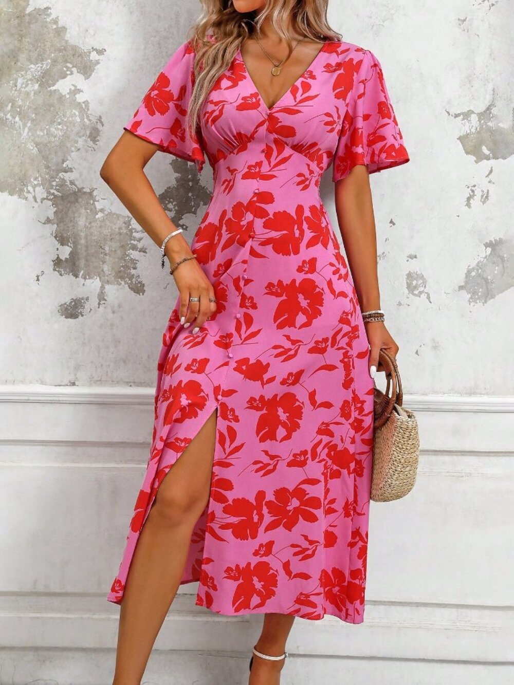 Pink Boho Women's Plant Print V-Neck Short Sleeve Maxi Dress with Side Slit - Picture 6 of 7